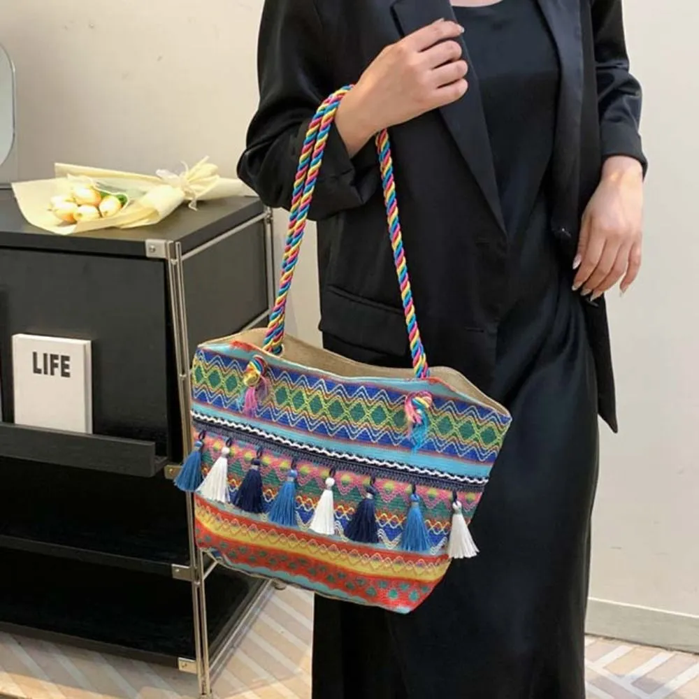 Stripe Ethnic Shoulder Tassel Large Capacity Canvas Colorful Handbag Travel Storage Bag Korean Style_voghion.com
