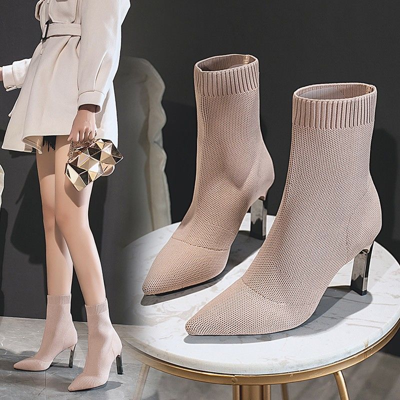 Pointed Toe Sock For Women, Chunky Heel, 2025 Autumn Winter New High Heels, Stretch Flat Heel Knitted Boots, Plus Size_voghion.com