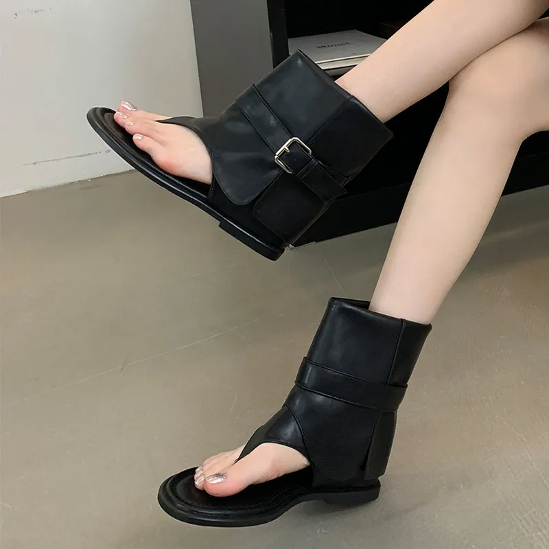 Weibliche Slip-On-Schuhe Wohnungen mit Frauen Ankle Flip Ps Mode Runde Kappe Damen Sandalen Stretch Stiefel Schuhe 2024_voghion.com