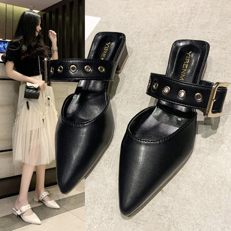 Half-Pack Women's Outdoor Pointed Toe Studded Chunky Heel Mules Closed-Toe Sandals Simple Fashion Single Shoes_voghion.com