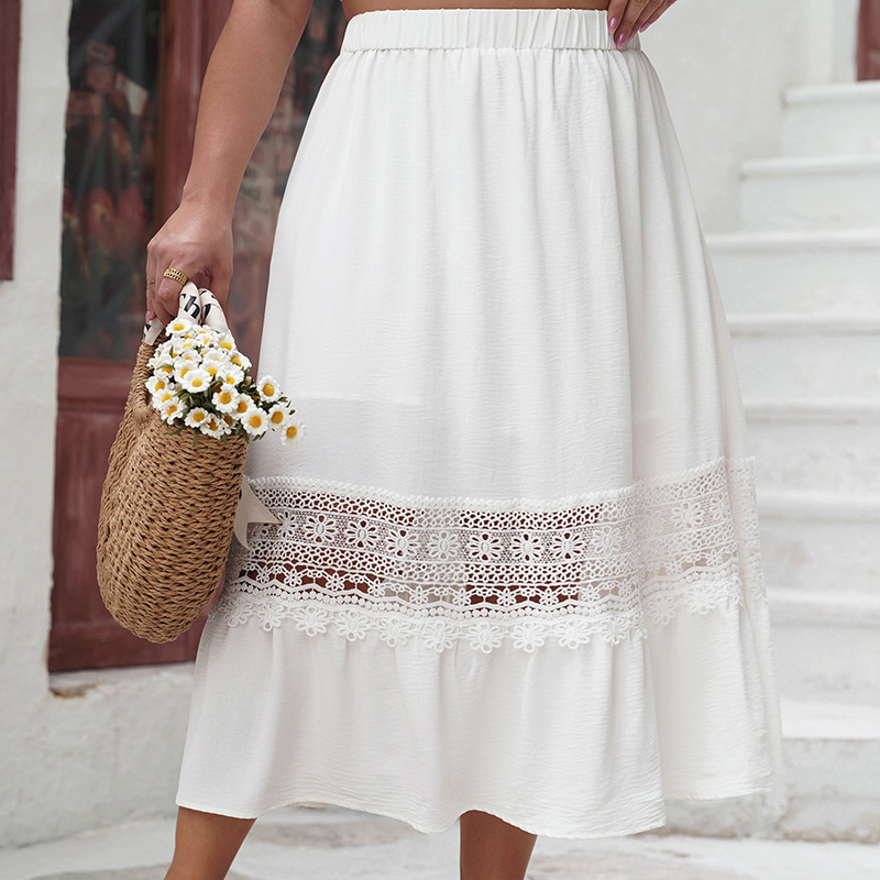 Women's Clothing casual skirt 2024 autumn and winter temperament elegant high waist hollow white long skirt_voghion.com