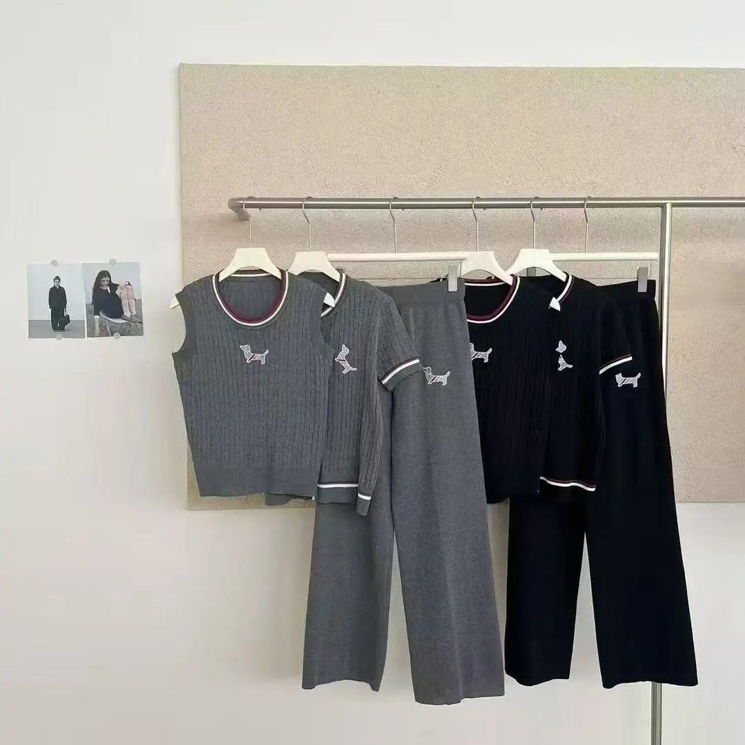 Summer College Style Color Block Short Sleeve Knitted Cardigan Sleeveless Round Neck Slim Fit Long Pants Three-Piece Set_ecoleips.com
