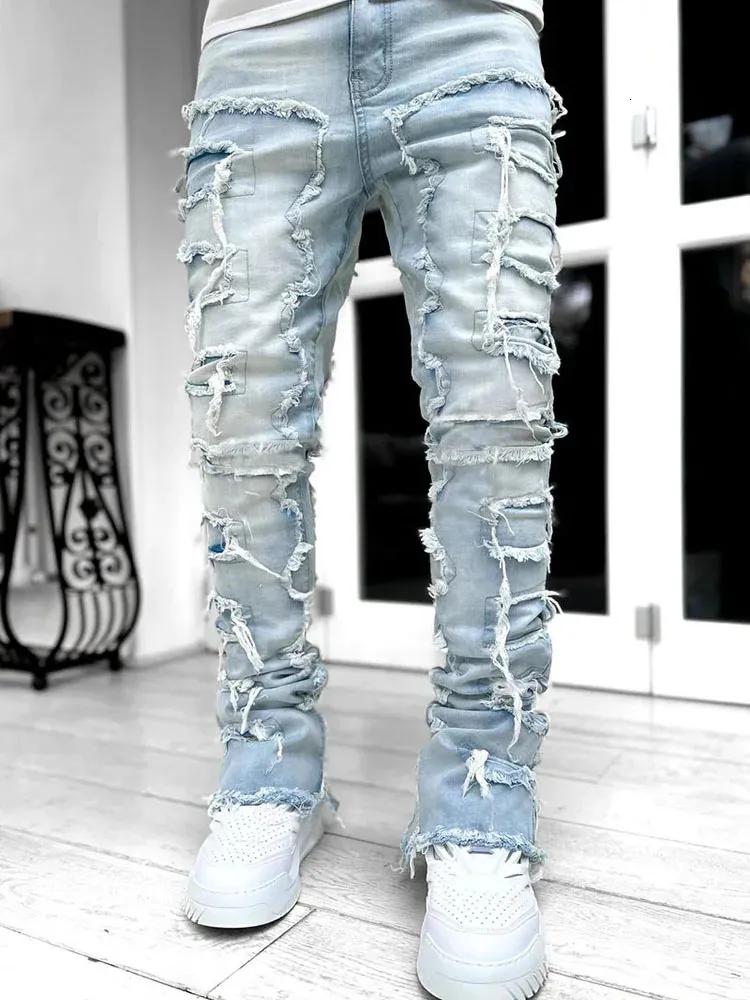 High Street Weiße Herren Stacked Jeans Stretched Patchwork Tassel Damaged Denim Volle Länge Hosen Hippop Hosen Für Männer_voghion.com