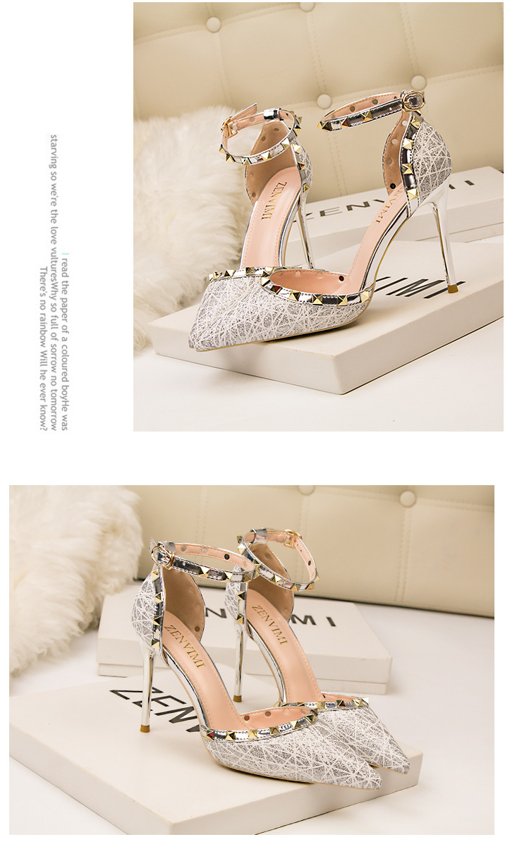 9288-20 Sexy Abnehmen Stiletto Nachtclub Damen Schuhe High Heels Flach Spitzschuh Hohl Niet Strap Sandalen_voghion.com