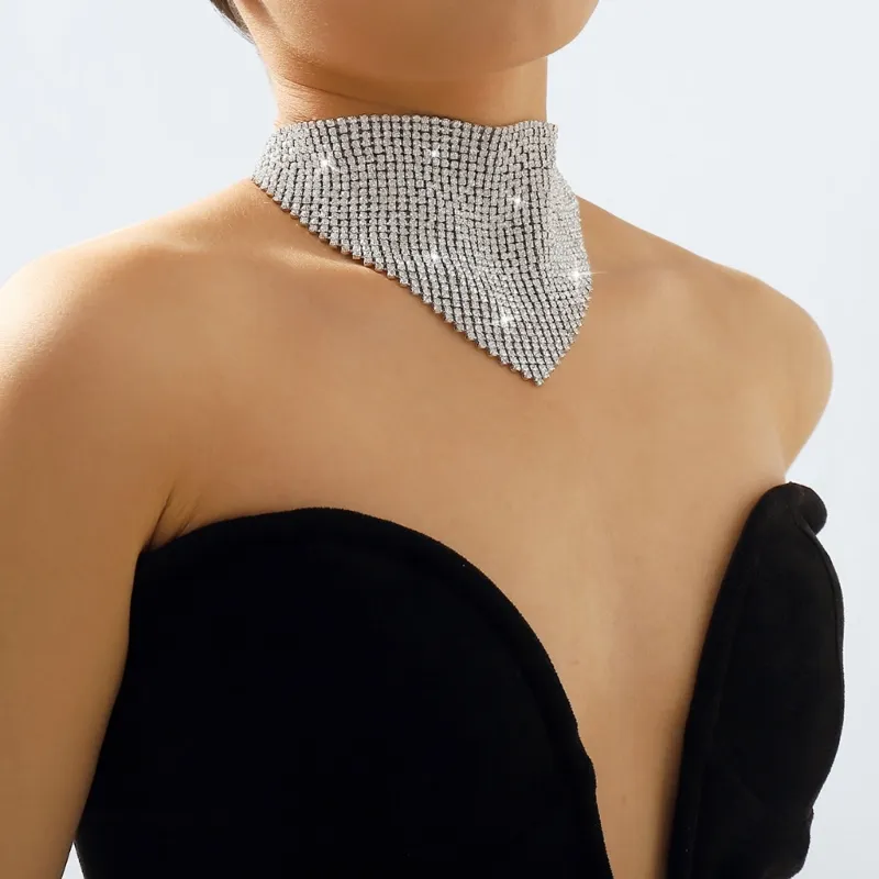 Chains Wide Crystal Bib Collar Necklace Rhinestones Choker Full Clavicle Chain Jewelry For Drop_voghion.com