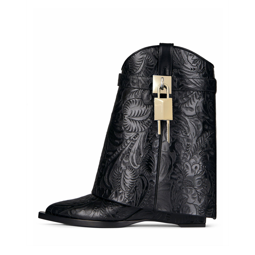 2023 New Pointed Toe Wedge Embossed Leather Mid-Calf Boots With Metal Buckle, Special Large Size Women’s Shoes