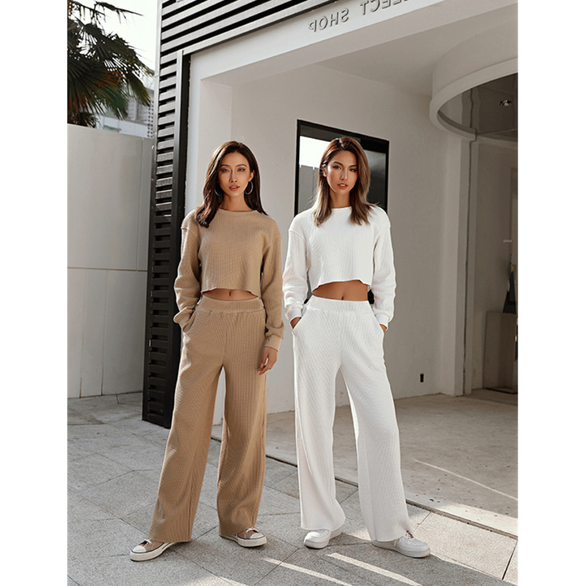 Ensemble deux pièces avec sweat à capuche et col rond, survêtement uni, droit, longueur cheville, poches décontractées, taille haute, automne-hiver_voghion.com