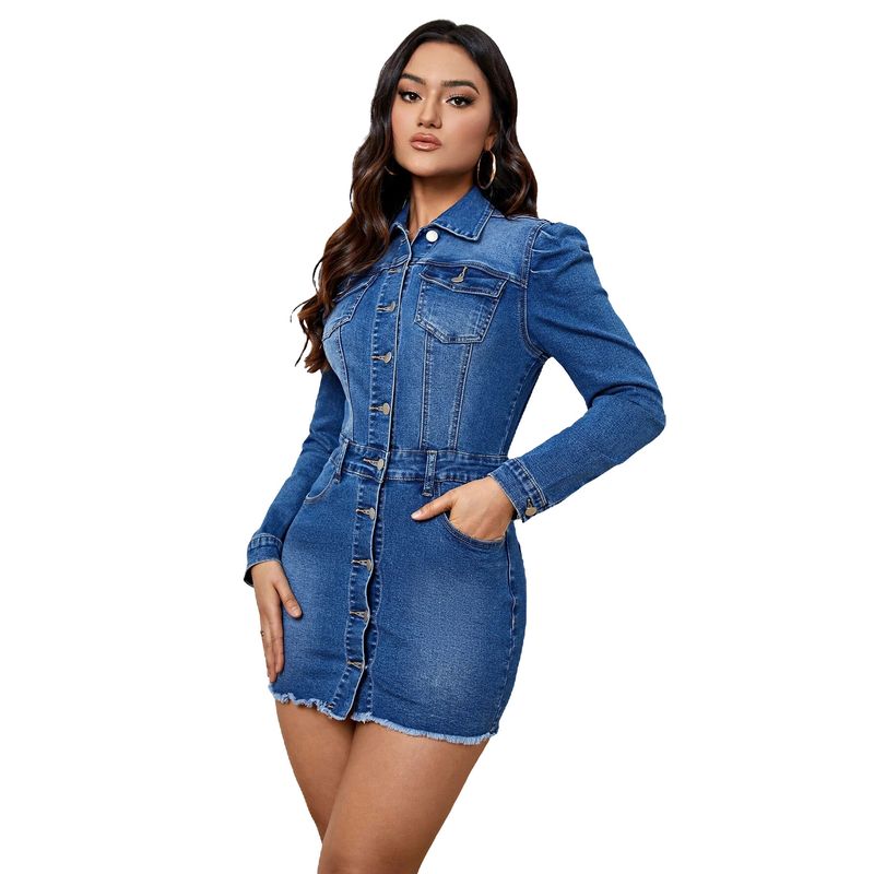 sexy fashionable women's long sleeved Waist and hip slimming jumpsuit denim skirt_voghion.com