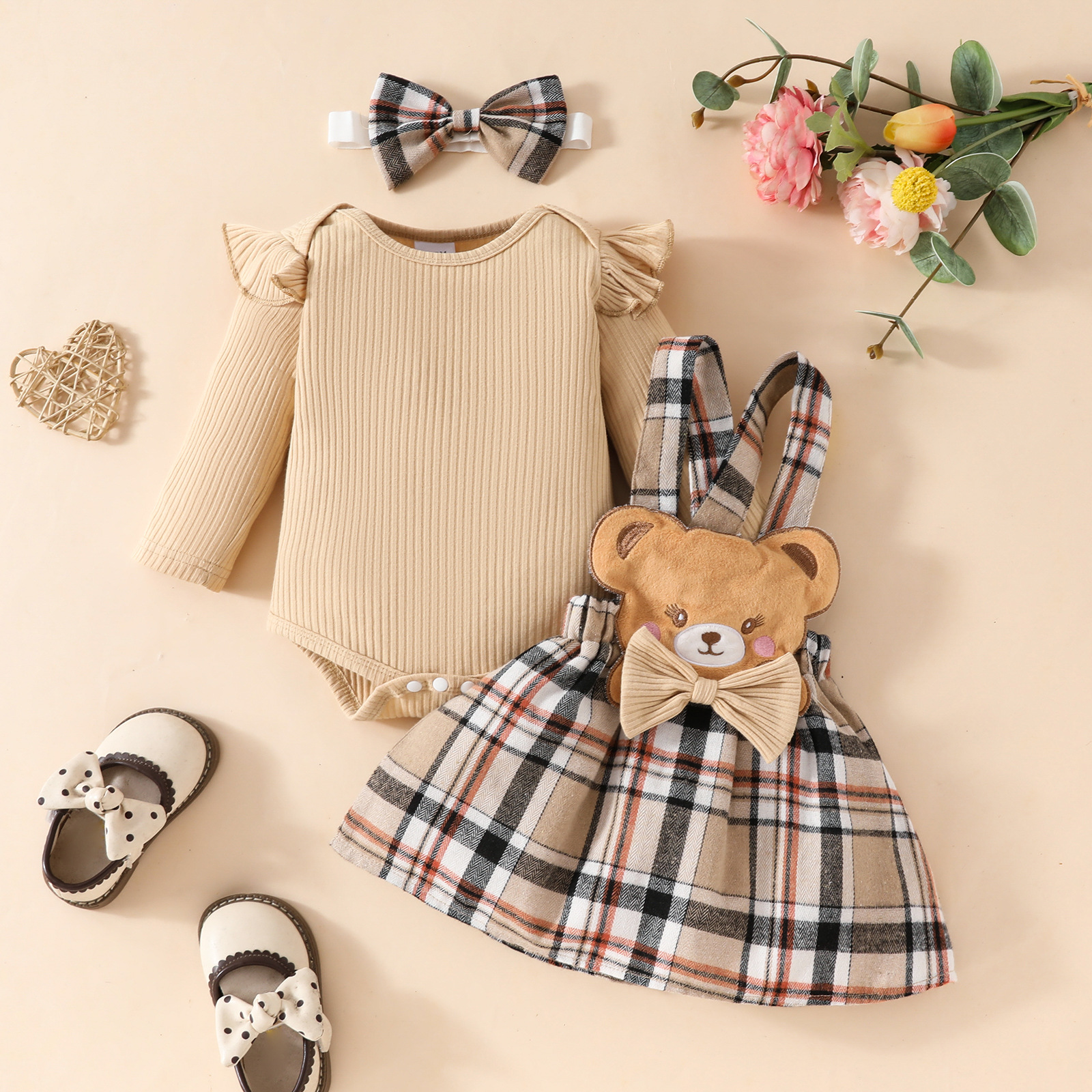 European And American Baby Autumn And Winter Striped Long Sleeved Triangle Romper + Bowknot Plaid Bear Doll Suspender Skirt + Hairband Set