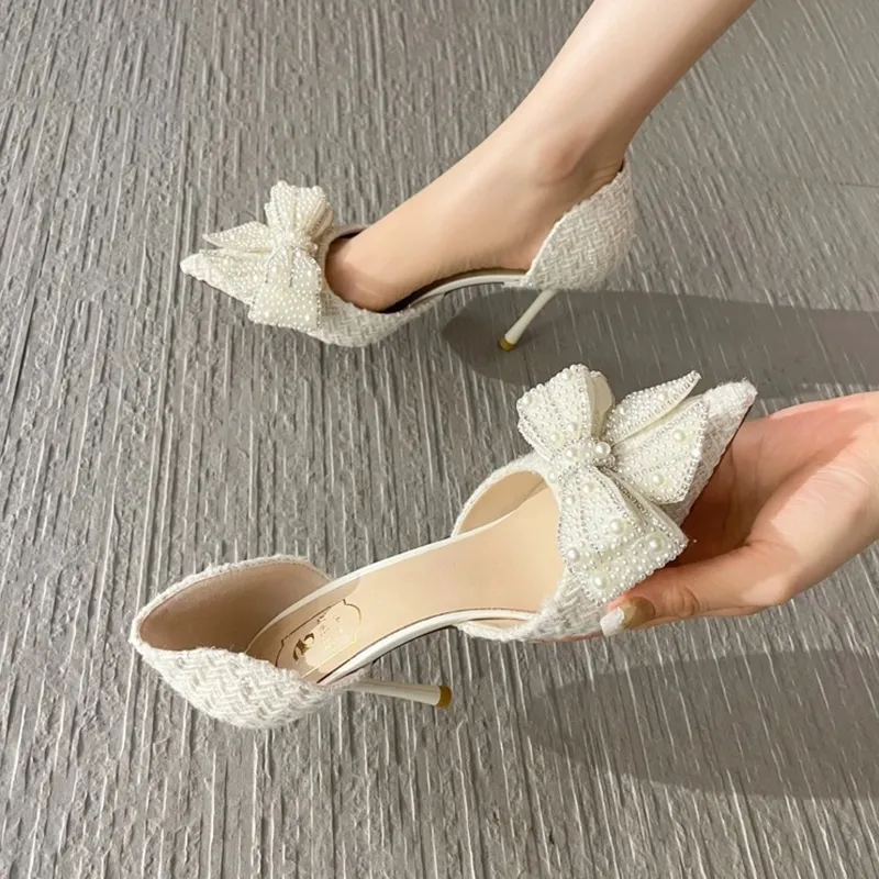 Parel Kristal Strik Wit Bruiloft Vrouwen 2024 Lente Merk Designer Hoge Hakken Pumps Vrouw Dunne Hak Feestschoenen_voghion.com