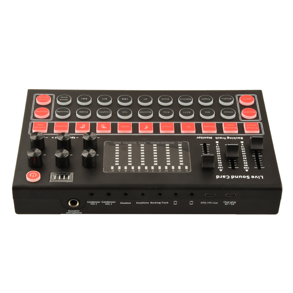 Carte de mixage sonore, changeur de voix de carte son en direct avec plusieurs effets sonores et lumière LED pour mixeur audio en streaming en direct_voghion.com