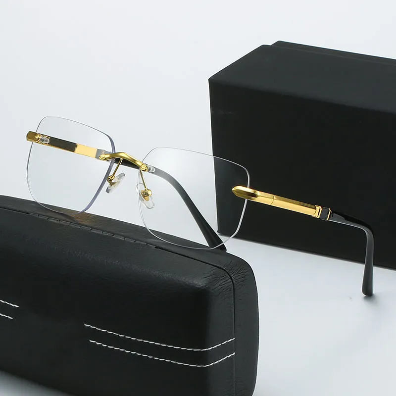 Occhiali da sole senza montatura con prescrizione ottica, aste in metallo lucidato, lenti geometriche anti luce blu, occhiali da guida da uomo_voghion.com