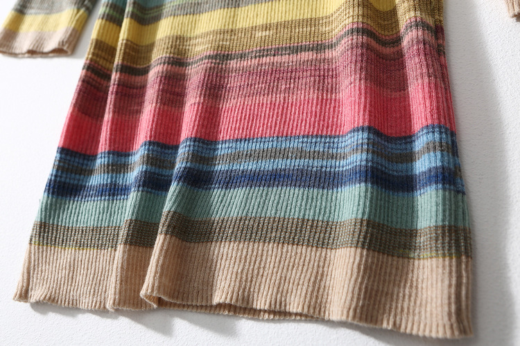 Pull en laine ultrafine pour femme, coupe cintrée, assorti avec tout, manches mi-longues, haut élastique à rayures arc-en-ciel, printemps et été_voghion.com