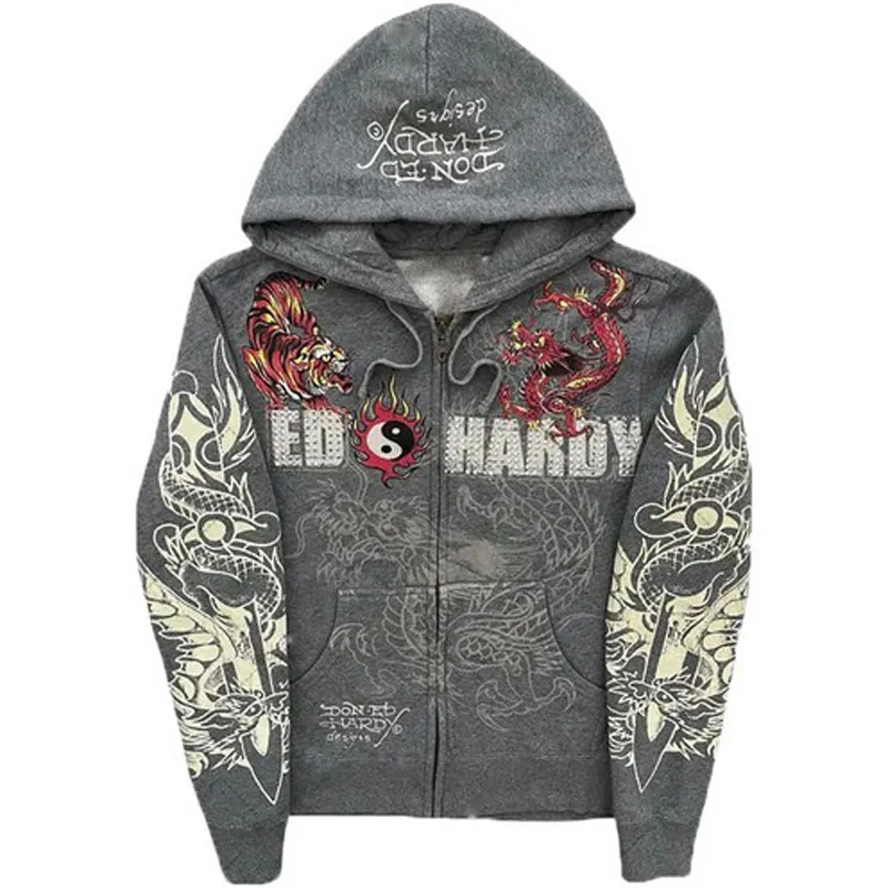 Felpa con zip gothic skull ricamata oversized stile harajuku_voghion.com