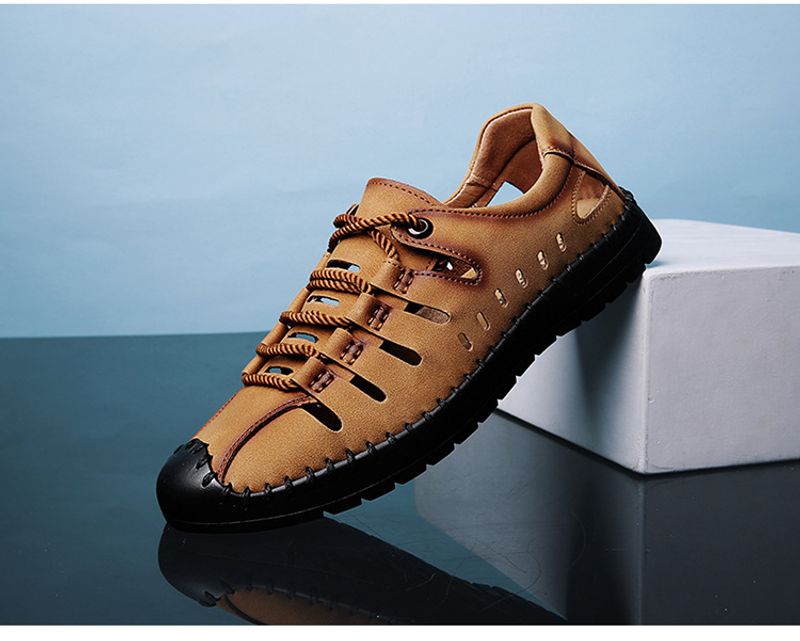 Sommer nye herresandaler, udendørs strand håndlavede hule åndbare fritidssko med hul, snørebånd indpakkede lædersko_voghion.com