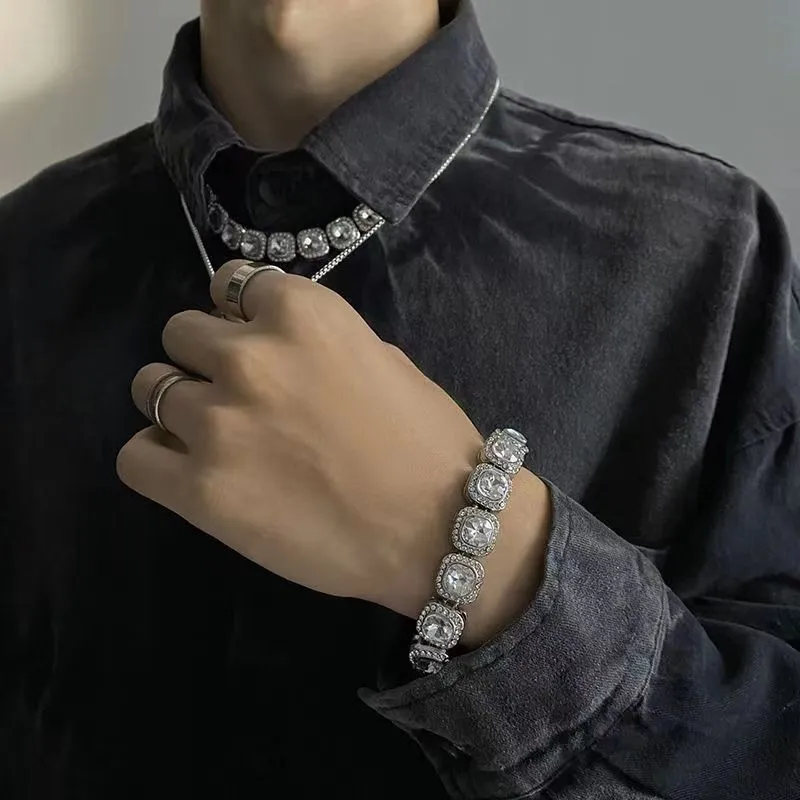 Chains Hip Hop Square Colorful Rhinestones CZ Tennis Chain Choker Necklace Male Femalebling Punk Bracelet Jewlery Couple_voghion.com