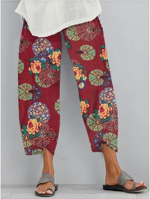 Heißer verkauf Plus größe neue frauen mode lose beiläufige unregelmäßigen rendering druck elastische taille tasche hosen 8844_voghion.com