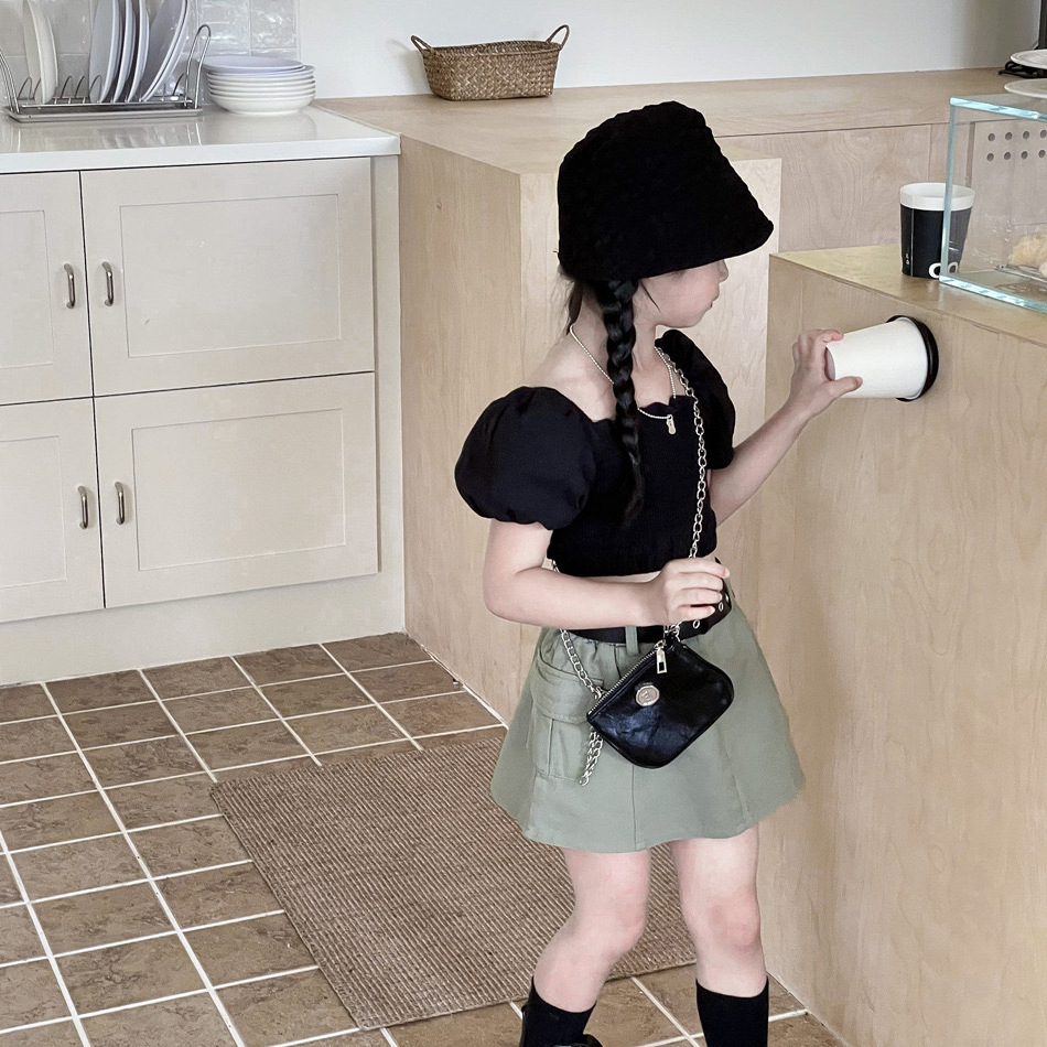 Ensemble 2 pièces pour mère et fille, haut à manches bouffantes rétro + jupe de travail, pour enfants de petite et moyenne taille_voghion.com