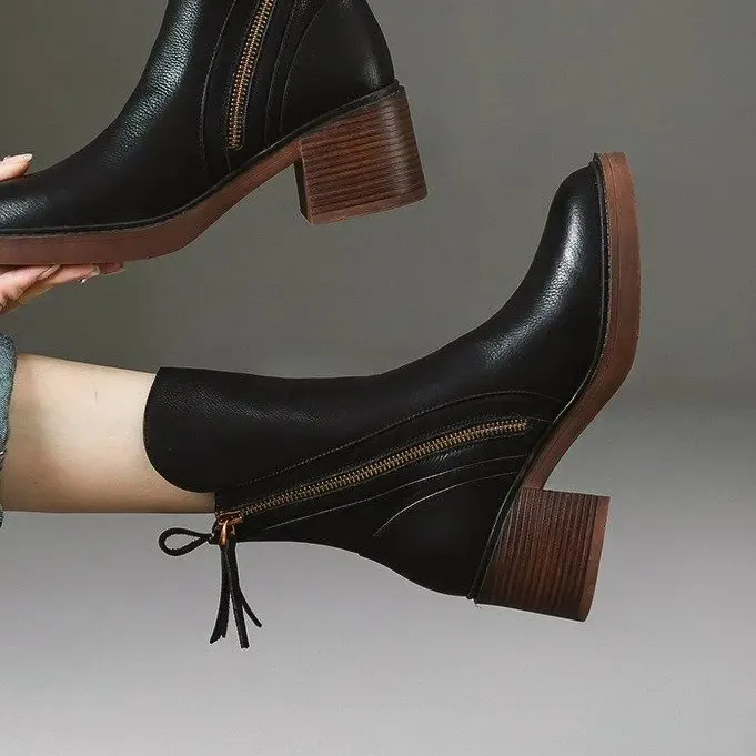 Womens high leather short round thick side zipper foot pedal boots 241022_voghion.com