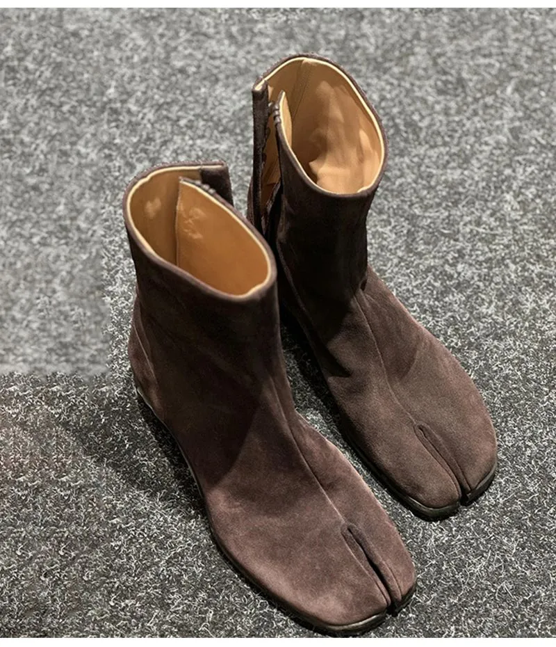 Women Ankle Boot Fahion Autumn Winter Soft Leather Split Toe Tabi Thick High Heel Chunky Shoe In Style Short_voghion.com