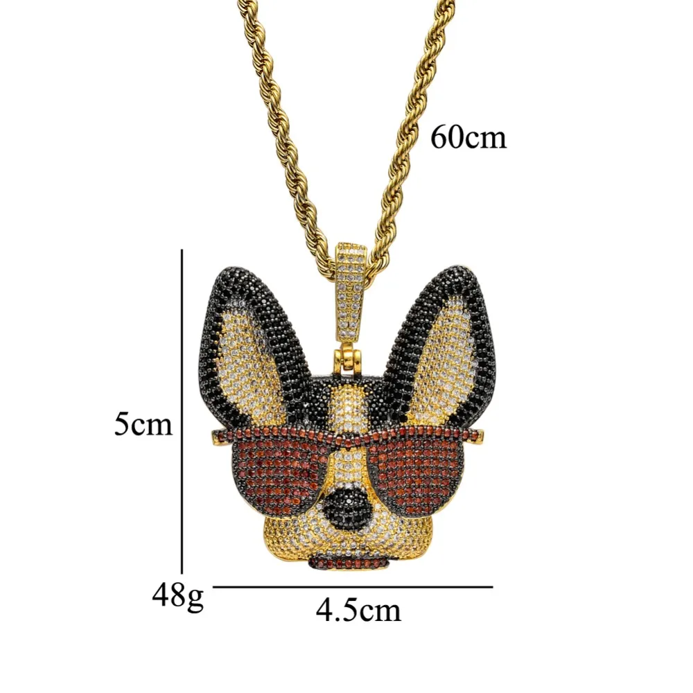Colgante de latón con circonita cúbica grande y diseño de perro ingenioso con gafas, collar de estilo hip hop helado para hombres y mujeres, joyería de fiesta, regalo CN1371_voghion.com