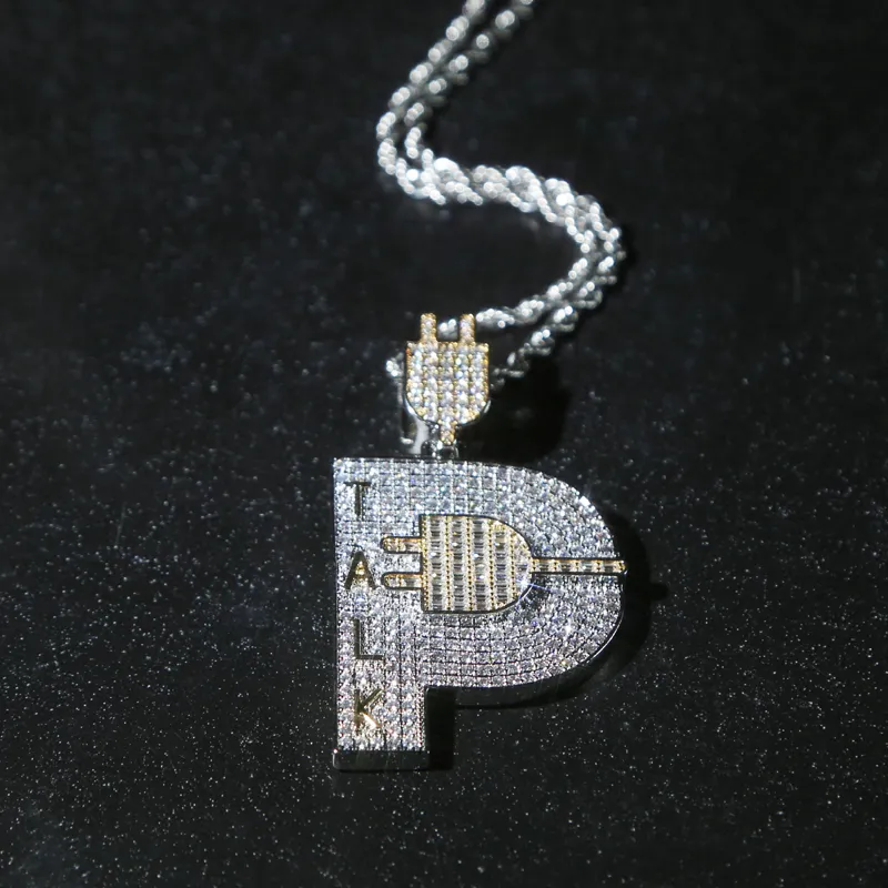 Chaînes Plaqué Or Hip Hop Hommes Bijoux Micro Pave Iced Out Bling Cubique Zircone Pavé Lettre P Forme Talk Plug Pendentif_voghion.com