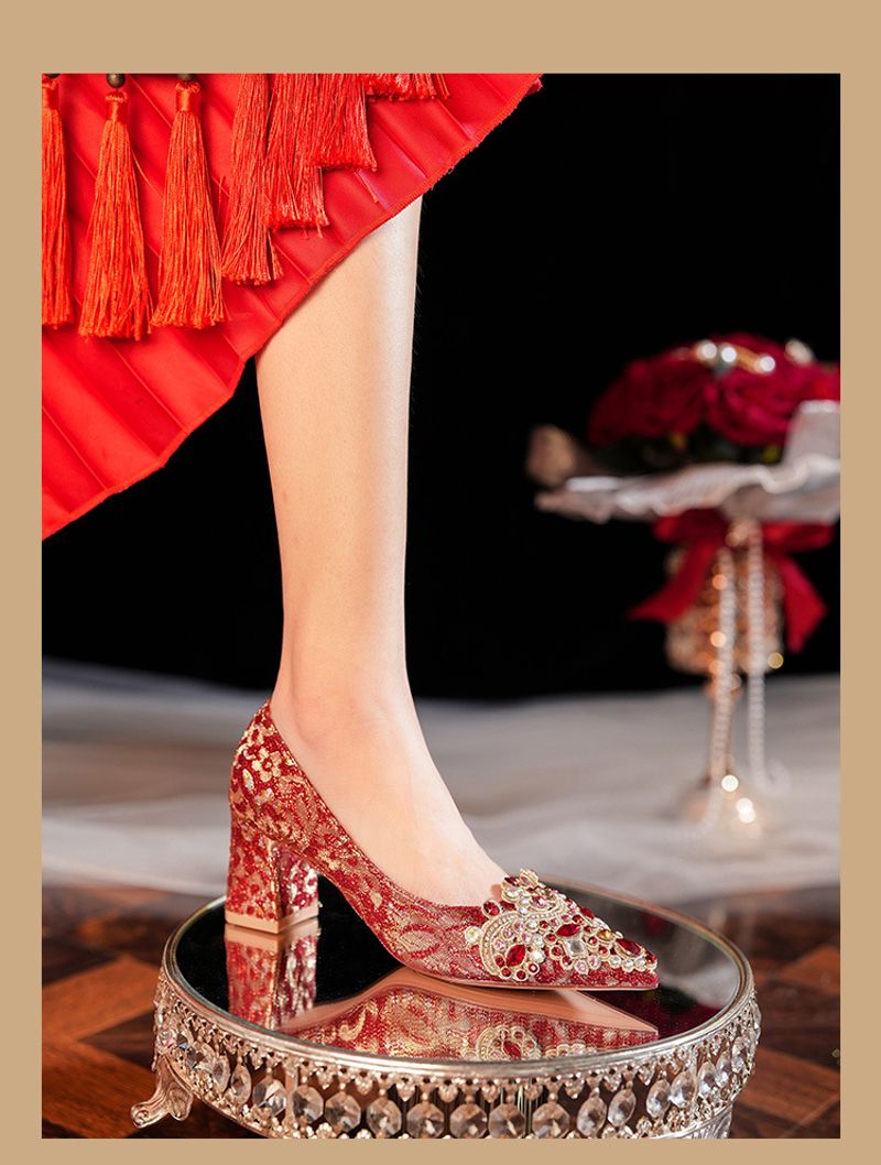 6555F-007 Dia Pointed Thick Women's High Heels Sequin Dress Red Wedding Bridal Single Shoes Goddess_voghion.com