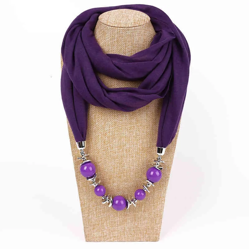Sciarpa da donna, sciarpa con scialle, collana con ciondolo con perline, sciarpa etnica in chiffon tinta unita, con nappa_voghion.com