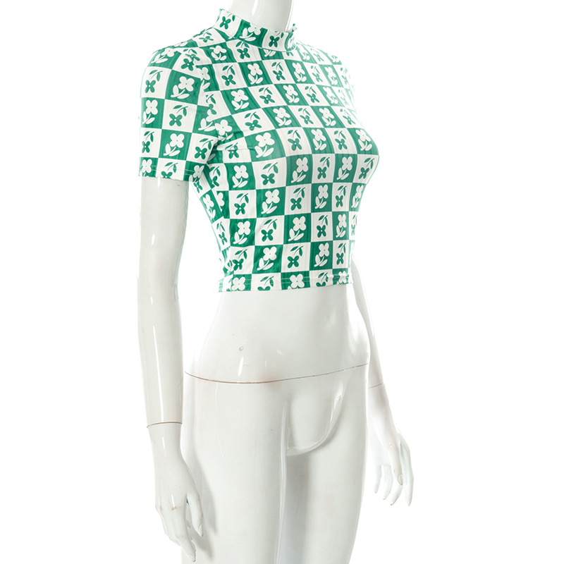 D21TP4722024 Summer New Contrast Printed Round Neck Pullover Short Sleeve Open Navel Casual Women's Top_voghion.com