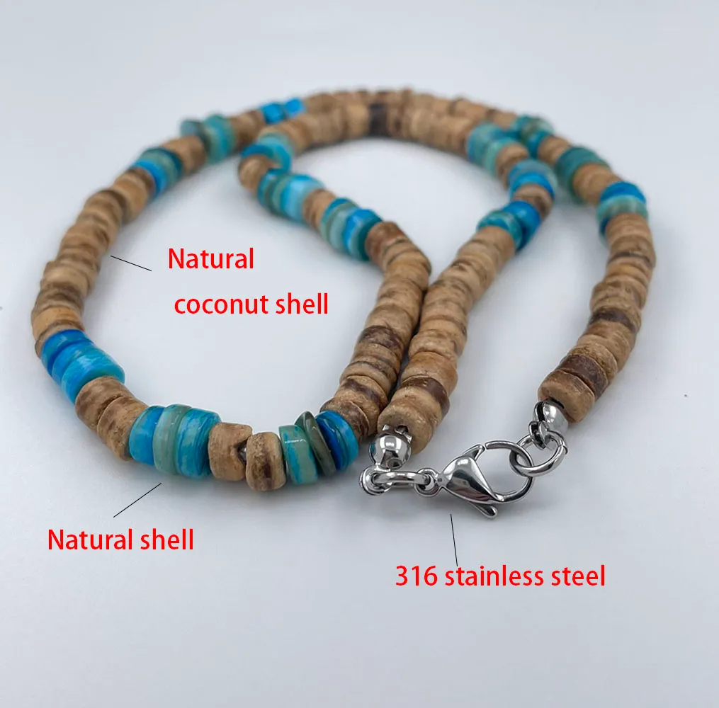 Beaded Necklace For Men Coconut Shell Turquoise Tribal Design_voghion.com