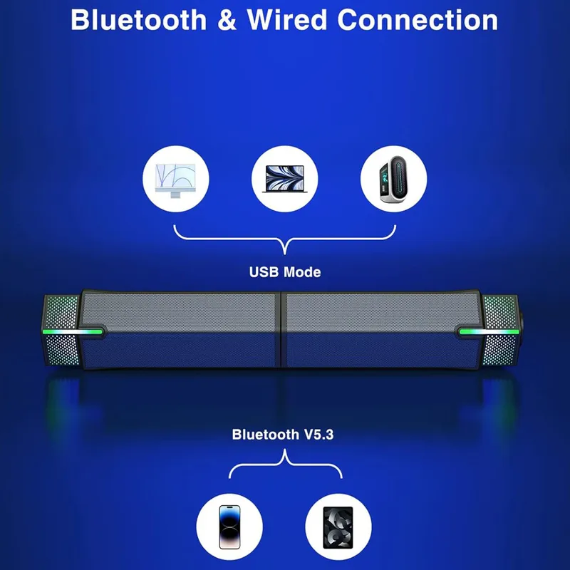 Bluetooth Computer Speakers For PC Desktop Monitor, Gaming PC Sound Bar-Wired USB-Powered,Superb Stereo Sound,with LED Lighting_voghion.com