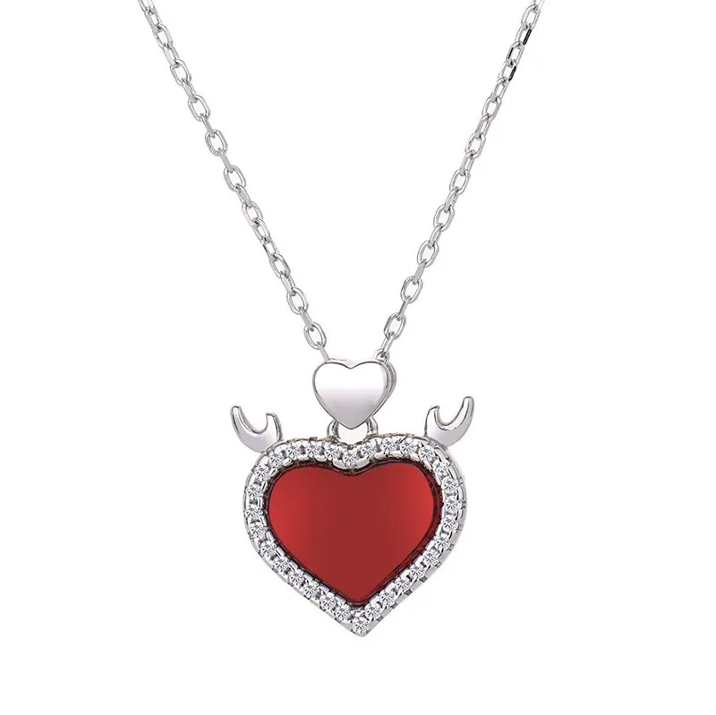 Sterling Love Necklace Rose Devil Antlers Red Agate Pendant_voghion.com