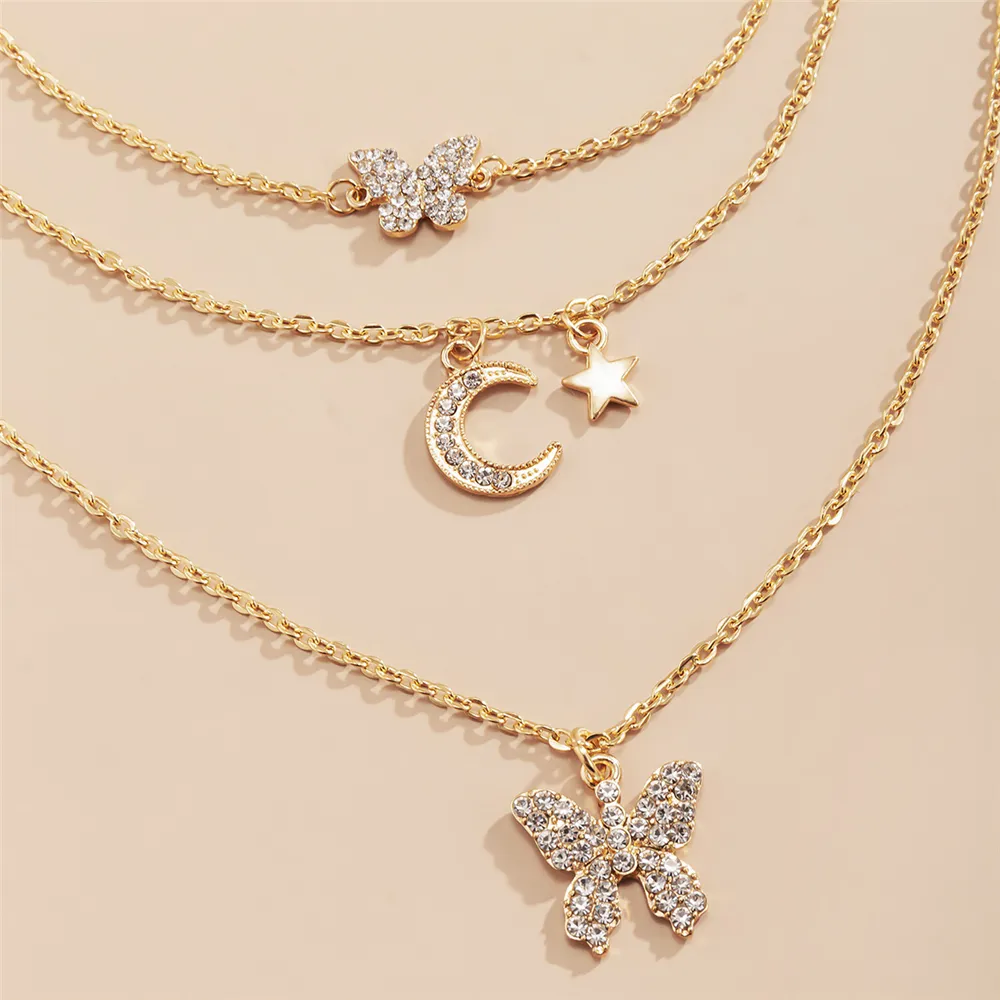 Colliers pendentifs mode bohème plaqué or argent couleur cristal papillon lune étoile collier pour femmes collier ras du cou multicouche_voghion.com