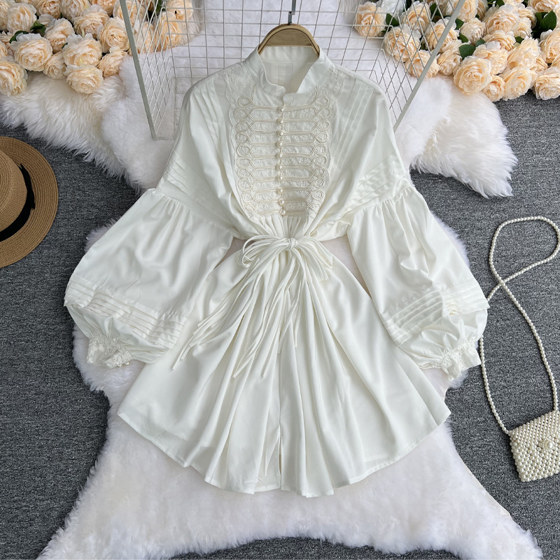 Women’s Clothing Collar Lace Bow Tie Lantern Sleeve Pearl Button Dress