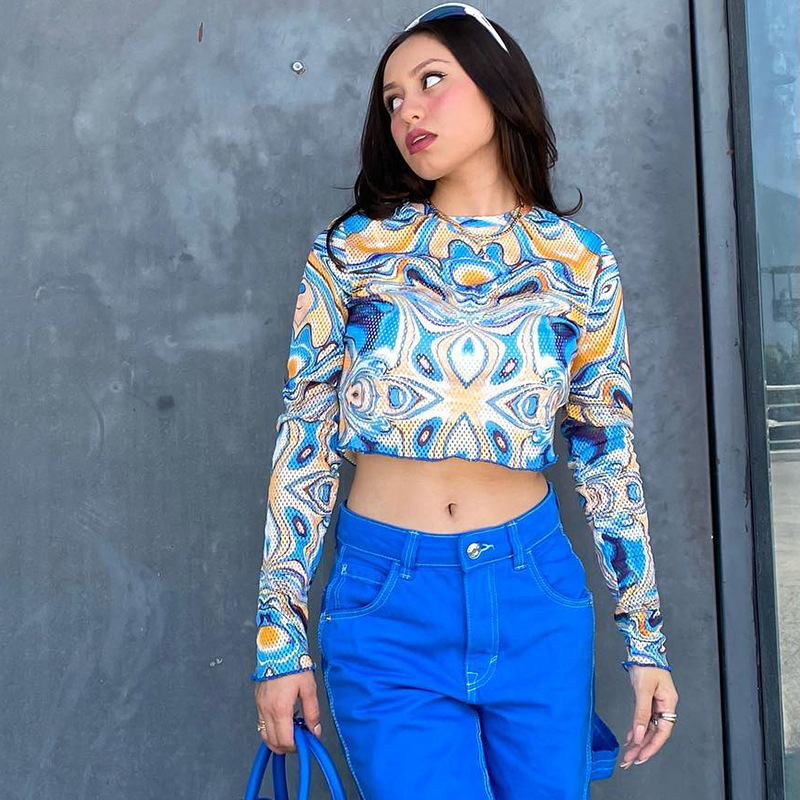 D22TP354 Autunno Nuovo 2024 Girocollo Maglione Manica Lunga Maglia Stampata Ombelico Aperto Top T-shirt Donna_voghion.com