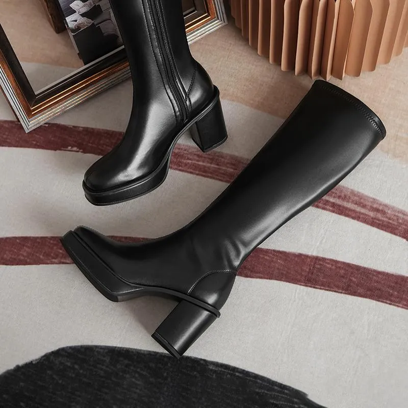 Knee Boots Heel Women's Square Below 2024 Winter Solid Color Fashion Warm Women Shoes Comfortable With Side Z 55_voghion.com