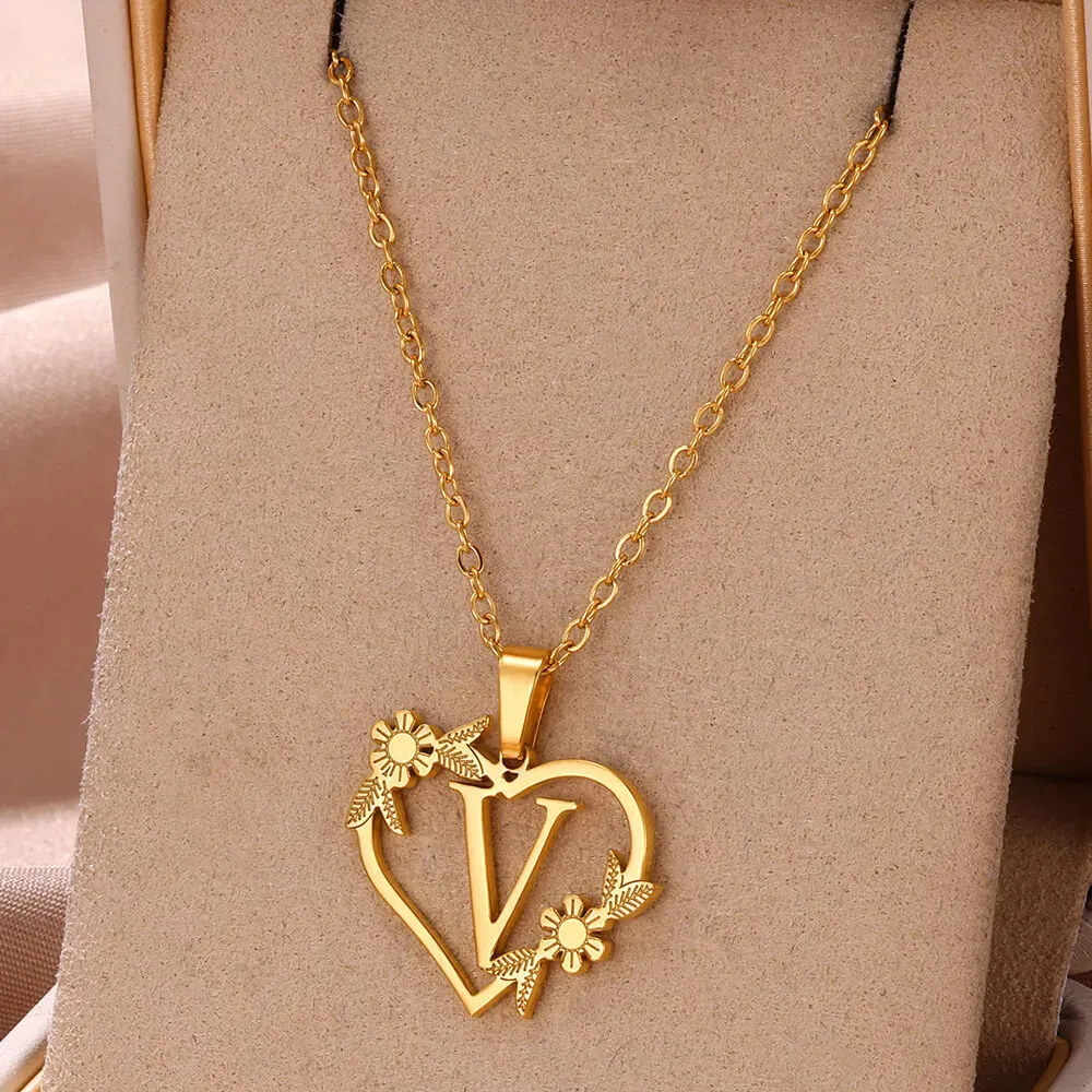 Anhänger Halsketten AZ Edelstahl Schmuck Initiale Herzanhänger geeignet für Frauen Liebeskette Anfangsbuchstabe_voghion.com