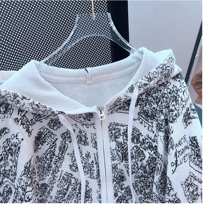 Damenbekleidung Design Sense abstrakte Musterstickerei Kordelzug Kapuzenstrickjacke_voghion.com