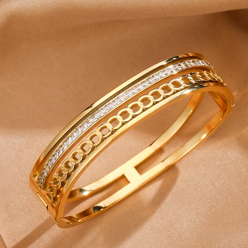 Stainless Steel Bangle Bracelet With Cubic Zirconia For Women_voghion.com