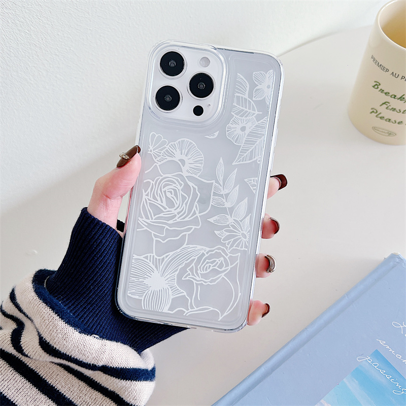 Blommigt genomskinligt telefonskal för iPhone 15 14 Plus 13 12 11 Pro Max stötsäkert silikon mjukt TPU bakstycke_voghion.com