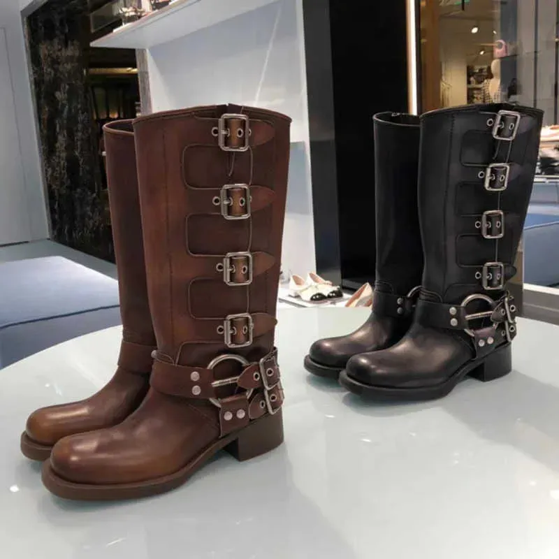 2023 s Designers Women Miu Tall High Platform Y2k Style Brown Leather Biker Boot Round Toe Chunky Heel Martin Boots Belt_voghion.com