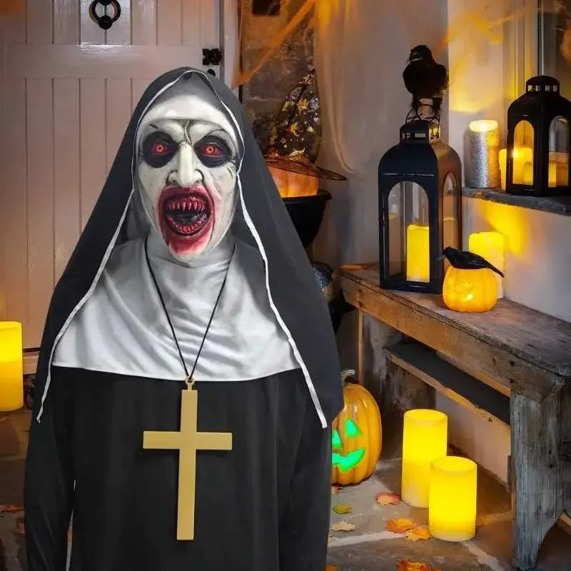 Läskig latexmask med korshalsband och huvudbonad Halloweenfest maskerad nunnadräkttillbehör Y240829_voghion.com