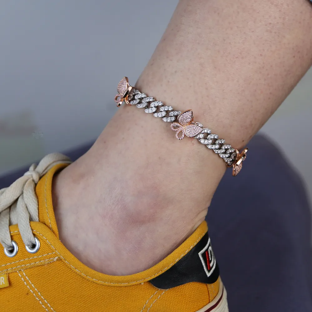 gül gümüş rengi cz küba bacak zinciri moda kadın bling buzlu bağlantı pembe kelebek bilezik takı_voghion.com