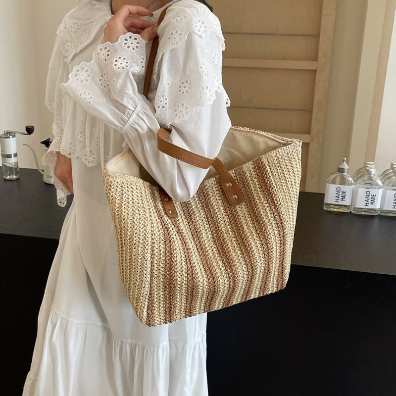 Borsa tote da spiaggia in tessuto con texture a spalla in erba, grande capacità, per le donne, estate 2024_voghion.com