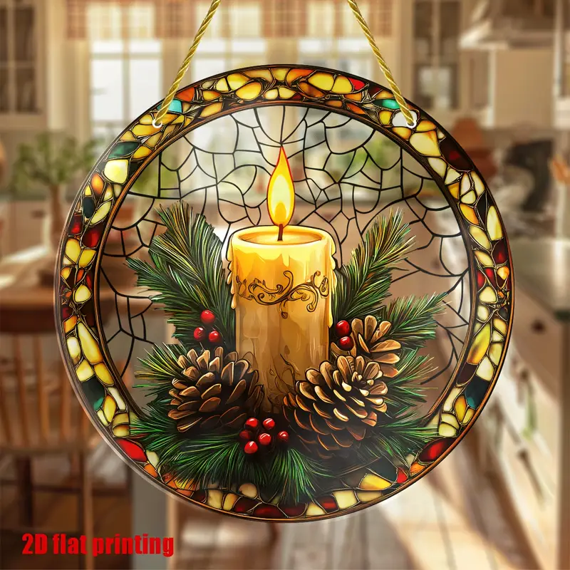Εορταστικό Κηροπήγιο 8 ιντσών Suncatcher - Κρεμαστό Παράθυρο από Ακρυλικό Κουκουνάρι & Πουρνάρι για Χριστούγεννα, Ημέρα των Ευχαριστιών - Δώρο Χριστουγέννων & Διακόσμηση Σπιτιού_voghion.com