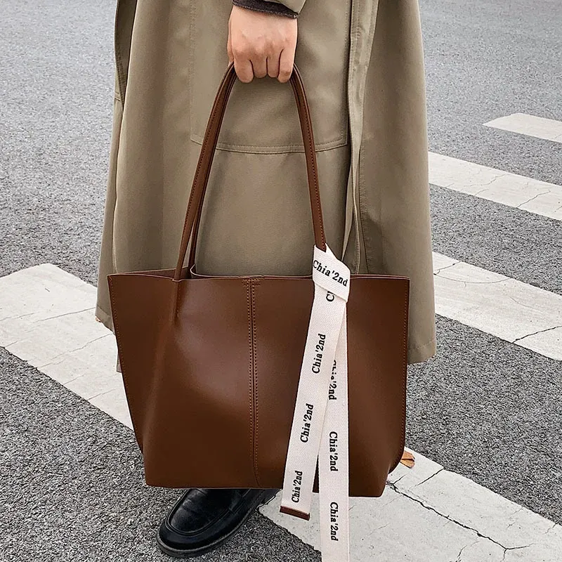 Borsa da ufficio da donna, uso quotidiano, bellezza, marrone, nera, moda, con nastro, a tracolla, per pendolari, grande capacità, a mano, retrò._voghion.com