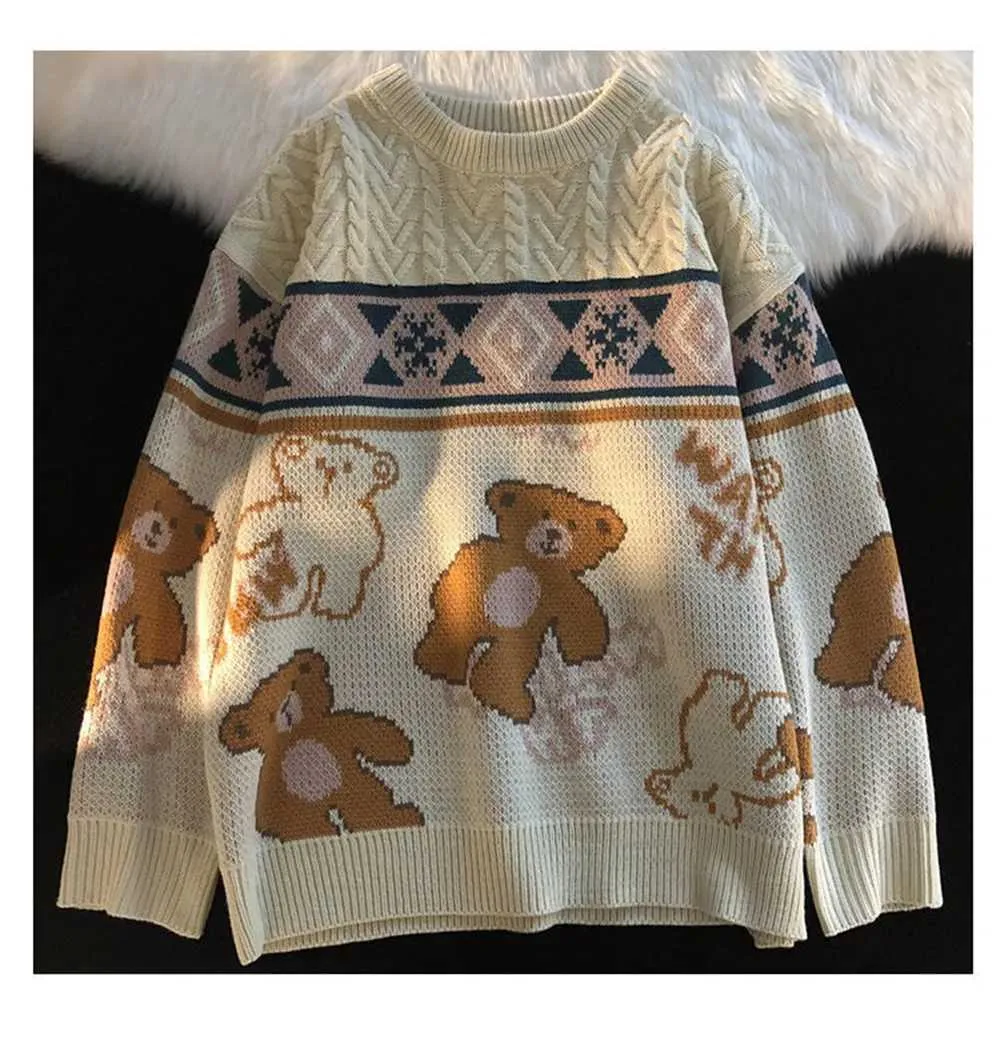 Niedlicher Bär Übergroßer Herren High Street Stricktop Herbstpullover Lose Haruku Kawaii Weiß Damen Paarpullover_voghion.com