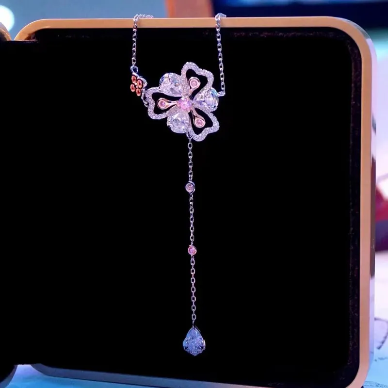 Collier à fleurs en chaîne pour femme, bijoux fins, chaîne romantique en argent sterling avec zircon cubique_voghion.com