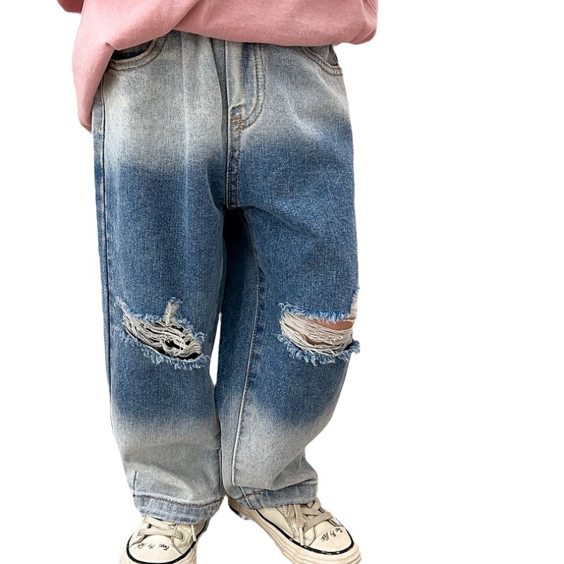 Jeans déchirés pour mères et enfants, pantalons à jambes larges et droites progressives, pour garçons et filles, tendance de la mode_voghion.com