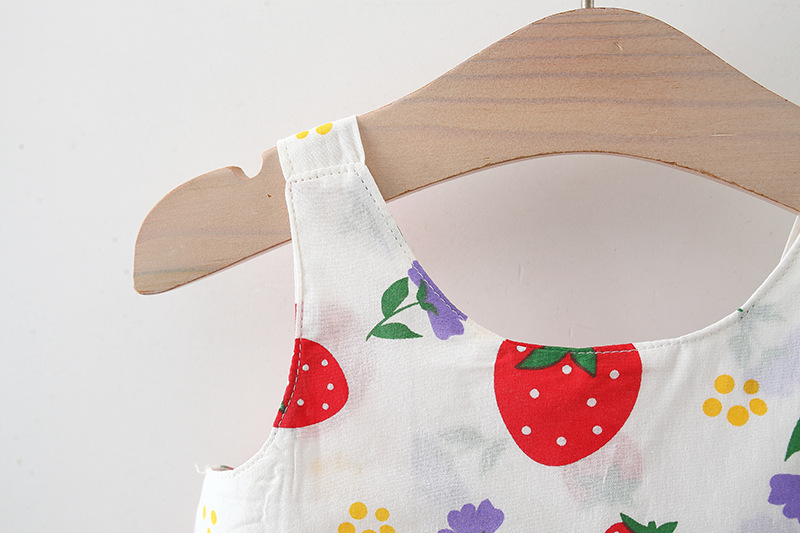 Vestido para niña con estampado de fresas y lazo, ropa de playa para bebé, sombrero incluido_voghion.com